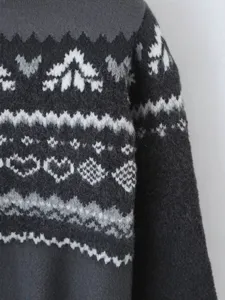 Women winter dark grey Fair Isle pattern knit sweater stylish cozy seasonal pullover apparel