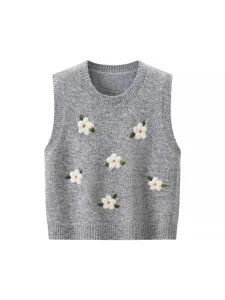 Chaleco de punto casual para mujer con bordado floral 3d cuello redondo sin mangas otoño