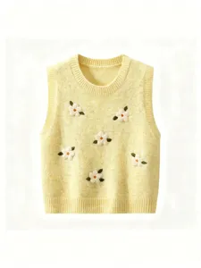 Chaleco de punto amarillo para mujer con bordado floral en 3D, cuello redondo sin mangas.