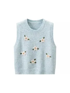 Chaleco de punto azul claro con bordado floral 3D, top corto sin mangas con cuello redondo.