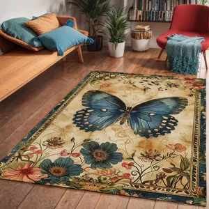 Detailed view of vintage style butterfly and floral area rug in cozy living room interior setup.