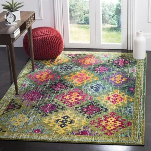 Tapis de salon style bohème avec motif géométrique rétro coloré pour décoration d'intérieur.