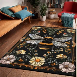 Thickened living room rug with vintage botanical bumblebee pattern, anti-slip home decor carpet.