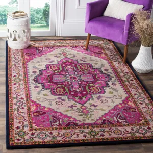Detailed scene view showcasing a vibrant colorful Persian style decorative area rug.
