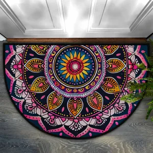 Colorful mandala half-circle doormat, durable non-slip entryway rug for home decor.