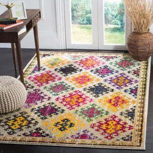 Tapis de salon bohème vintage avec motif géométrique coloré, tapis de sol facile d'entretien.