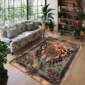 Detailed view of vintage butterfly floral pattern rug in cozy living room setting decor.
