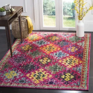 Tapis vintage bohème pour salon, motif géométrique coloré, décoration d'intérieur facile d'entretien.