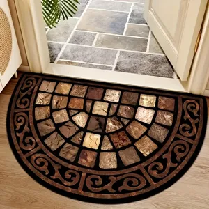 Semi-circular doormat with vintage stone tile pattern, non-slip entryway floor mat for home.