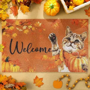 Autumn cat doormat detail view, showcasing vibrant pumpkin print and durable textured surface.