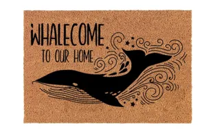 Cute whale design coir doormat for entryway, non-slip rustic floor mat for home decor.