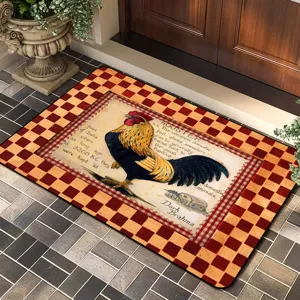 Vintage rooster doormat indoor entrance floor mat with red checkered border and rustic farm design.