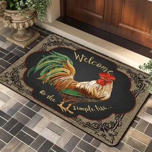 Vintage rooster doormat with welcome text, non-slip entry mat for home and bathroom.