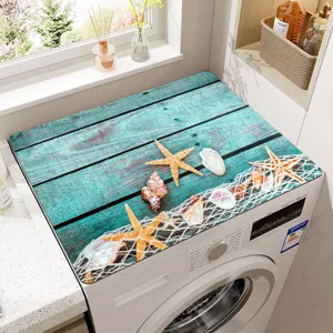 Detailaufnahme der maritimen Seestern und Holzbohlen Druck Waschmaschinen Abdeckmatte.