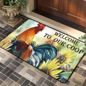 Watercolor rooster door mat with sunflower design, non-slip welcome floor mat for home entryway.