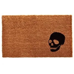 Halloween doormat with black skull pattern, natural coir fiber entry rug for home decor.