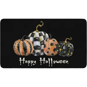 Halloween doormat with decorative painted pumpkins and spooky lettering for entryway and home decor.