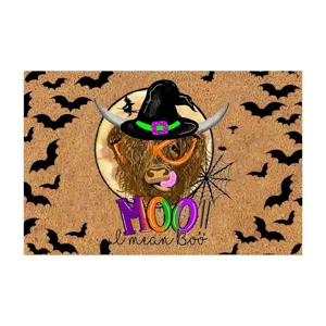 Halloween highland cow doormat detail view, cute witch hat bat pattern entrance floor mat.