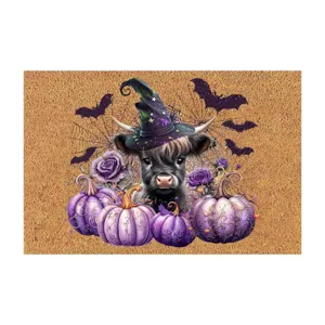 Halloween Highland Cow Doormat Cute Witch Hat Purple Pumpkin Front Door Mat Entryway Decor Rug