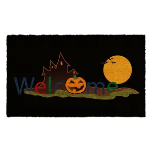 Halloween doormat detail view, scary pumpkin and castle print, non-slip entrance floor mat.