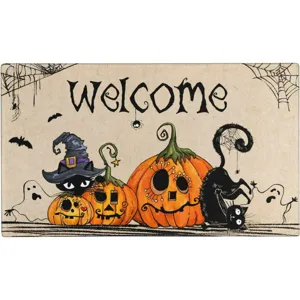 Detailed view of Halloween doormat featuring cute pumpkins, black cats and spooky ghost design.