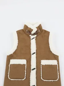 Brown fleece spliced vest women stand collar winter warm outerwear with toggle buttons.