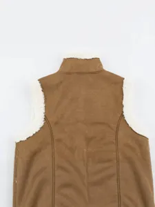 Women Brown Faux Suede Sherpa Fleece Trim Stand Collar Vest Gilet Casual Winter Outerwear