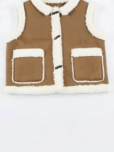 Brown faux suede sherpa toggle vest for women winter fleece trim sleeveless jacket outerwear