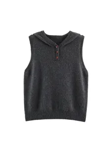 Chaleco de punto gris oscuro con capucha y botones, jersey sin mangas para mujer casual.