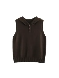 Chaleco de punto con capucha marrón, jersey sin mangas, capa de moda de otoño suelta