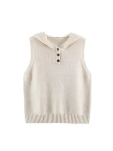 Chaleco de punto beige con capucha para mujer, top sin mangas casual a capas con botones.