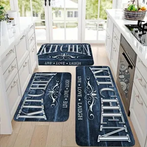 Detailed view of kitchen floor mat set featuring blue wood grain and stylish typography.