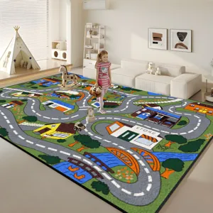 Children's city traffic game carpet, cute green rug for living room bedroom kids play floor mat.