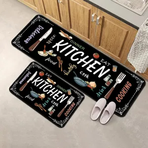Kitchen mat detail view, non-slip floor rug with vintage kitchen typography and food icons.