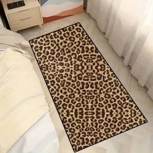 Detailed view of a stylish leopard print floor mat, perfect for bedroom bedside or entry way decor.