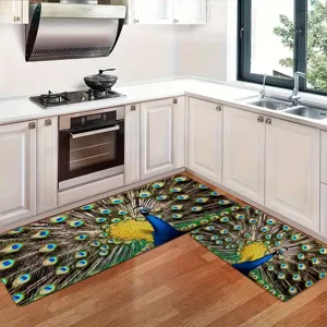 Modern kitchen rug set with vibrant peacock feather pattern, durable and washable floor mat.