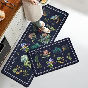 Kitchen floor mat set 2 piece non slip floral bird pattern dark blue home decor mats