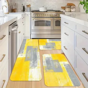 Modern abstract kitchen mat set 3 pieces yellow gray anti slip floor runner rug decor