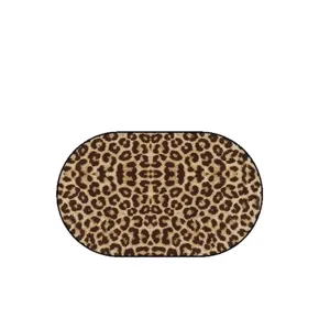 Oval leopard print mat for bedroom bedside or bathroom entry, anti-slip absorbent floor rug.
