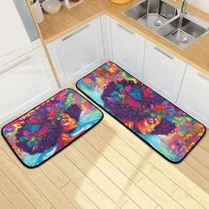 Detailed view of vibrant kitchen mat with floral art design, non-slip floor decor for home.