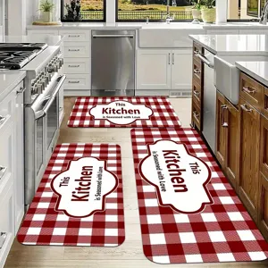 Red white buffalo plaid kitchen floor mats set three pieces non slip absorbent rugs.