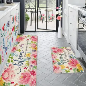 Kitchen floor mat set, watercolor floral runner and small mat with inspiring text, anti-slip.