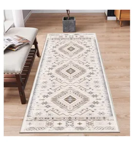 Long runner rug with Persian geometric pattern for hallway, kitchen or living room floor decor.