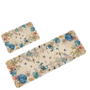American vintage ocean theme kitchen floor mat set of two with marine life patterns.