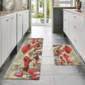 Vintage red mushroom kitchen mat set, non-slip waterproof floor runner for home use.