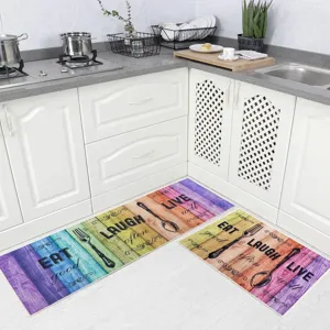 Kitchen mat two-piece set, colorful wooden plank design with eat laugh live text and cutlery.