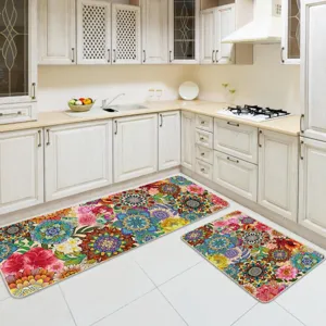 Kitchen floor mat set colorful floral mandala non-slip rugs for home decor 2 pieces