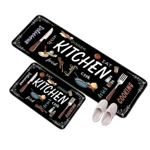 American style kitchen floor mat two-piece set with black background and kitchen typography