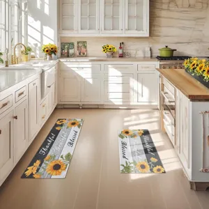 Kitchen floor mat set detail featuring sunflower wood plank design for home decor and comfort.