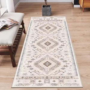Long runner rug for kitchen or hallway with vintage geometric pattern and durable non-slip backing.